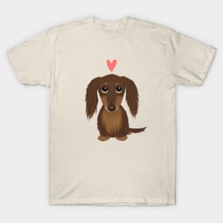 Longhaired Chocolate Dachshund | Cute Wiener Dog with Heart T-Shirt